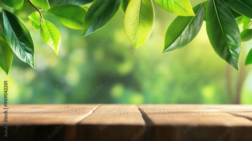 A close up of a wooden table with green leaves on it, AI A close up of a wooden table with green leaves on it, AI