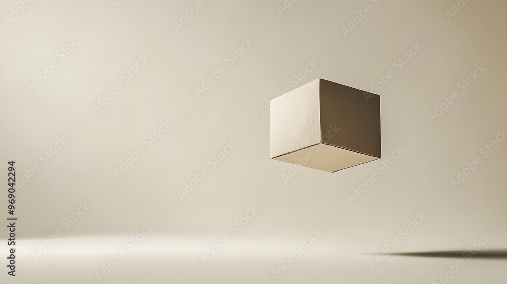 Fototapeta premium A single cardboard box floating in a neutral space, soft light highlighting the edges, neutral cream background, focus on the simplicity and geometry of the box, mood of quiet contemplation and
