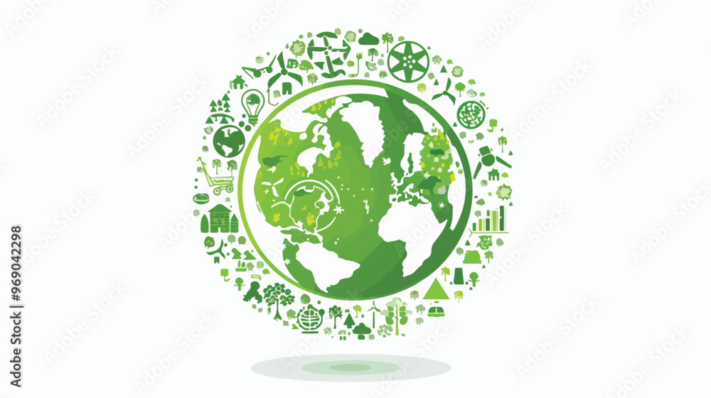 Green Planet with Environmental Icons Flat Vector Green Planet with Environmental Icons Flat Vector