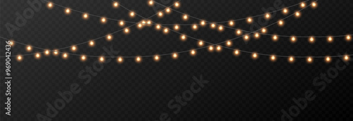 Vector Christmas garland png. Christmas light png. Holiday decoration, garland with golden lights, LED lamp.