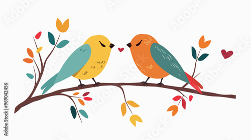 Romantic Greeting Card with Adorable Love Birds Flat Vector Illustration