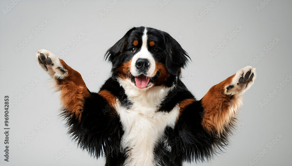happy bernese mountain dog standing with paws raised