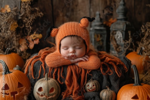 Adorable baby sleeping in an autumn-themed costume, surrounded by pumpkins and Halloween decorations