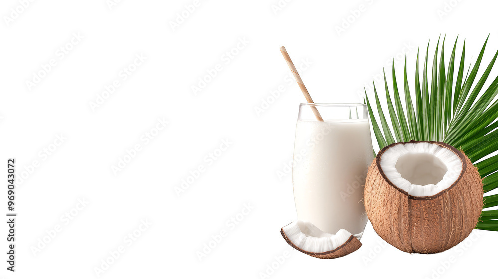 Coconut Milk Coconut Water Tropical Drink with Coconut and Palm Leaf Coconut Milk Coconut Water Tropical Drink with Coconut and Palm Leaf