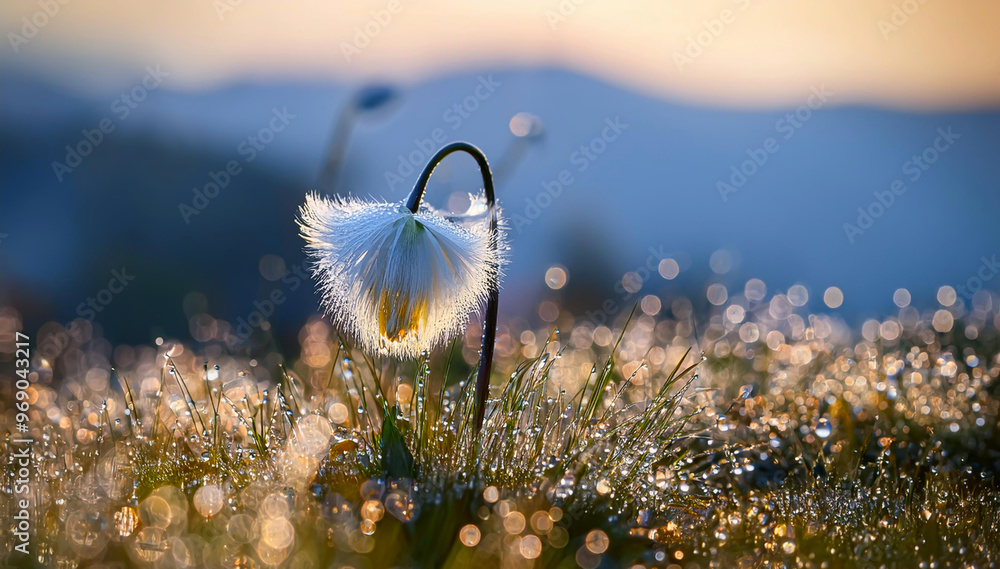 Obraz premium Biały kwiat, trawa w rosie