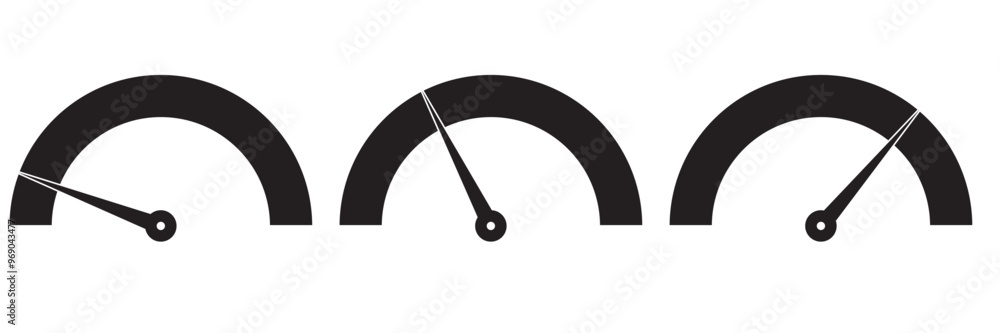 Speedometer icon, fuel meter vector, icon, silhouette, symbol design. Risk meter icon set design. Low, Medium or High risk on speedometer. Set of gauges from low to high. Vector illustration Speedometer icon, fuel meter vector, icon, silhouette, symbol design. Risk meter icon set design. Low, Medium or High risk on speedometer. Set of gauges from low to high. Vector illustration