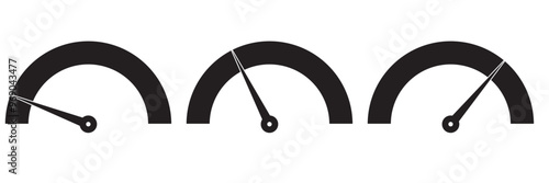 Speedometer icon, fuel meter vector, icon, silhouette, symbol design. Risk meter icon set design.  Low, Medium or High risk on speedometer. Set of gauges from low to high. Vector illustration