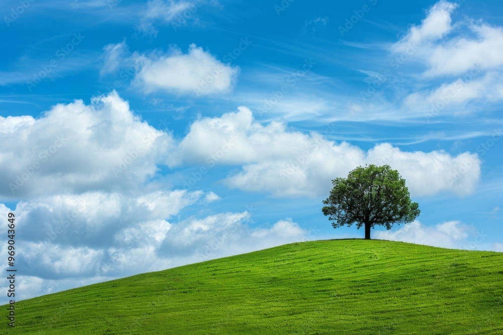 Obraz premium Windows wallpaper green grassy hill with blue sky and white clouds, with a tree. The background is a simple, minimalist landscape.Beautiful image of nature, tranquility, peace or serenity.