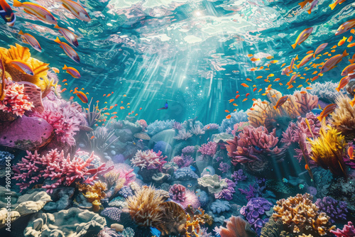 Fototapeta Naklejka Na Ścianę i Meble -  A lively coral reef is filled with a variety of colorful fish as sunlight penetrates the crystal-clear ocean surface