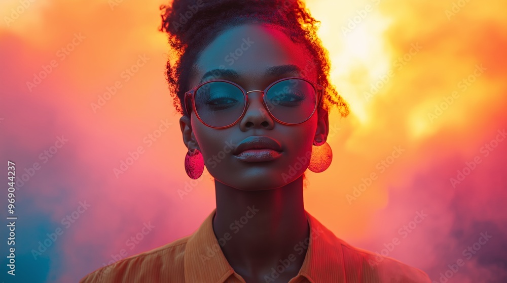 A woman with red glasses and earrings is standing in front of a colorful background. The image has a vibrant and energetic feel to it, with the woman's bold accessories and the colorful surroundings A woman with red glasses and earrings is standing in front of a colorful background. The image has a vibrant and energetic feel to it, with the woman's bold accessories and the colorful surroundings