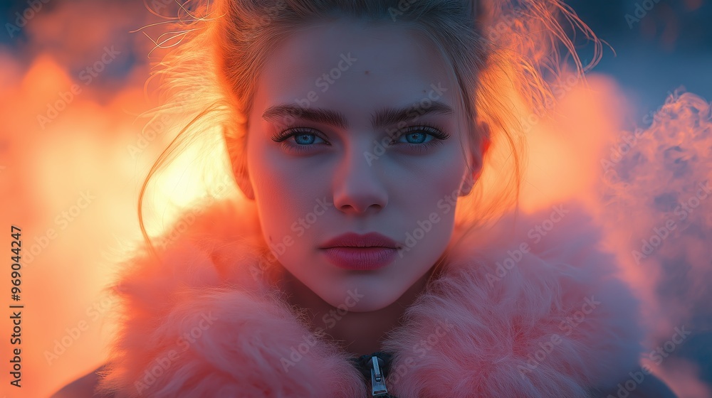 A woman with blue eyes and a pink fur coat. She is looking at the camera. The image has a warm and cozy feeling A woman with blue eyes and a pink fur coat. She is looking at the camera. The image has a warm and cozy feeling