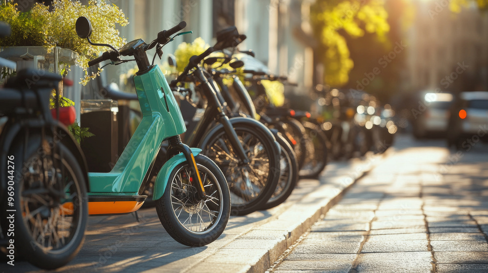 Eco-friendly transportation with a row of electric scooters and bicycles ready for city commuting, clean streets and solar-powered stations Eco-friendly transportation with a row of electric scooters and bicycles ready for city commuting, clean streets and solar-powered stations