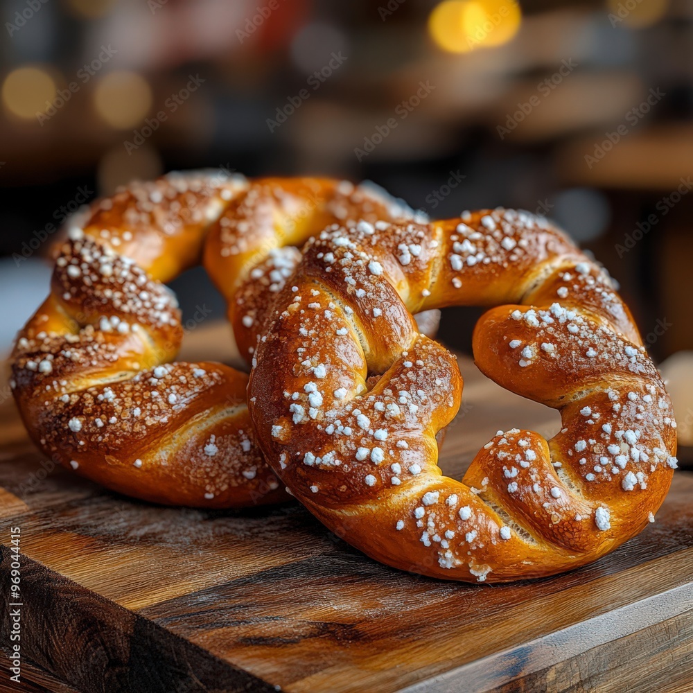 Freshly Baked Pretzels with Coarse Salt on Wooden Board Freshly Baked Pretzels with Coarse Salt on Wooden Board