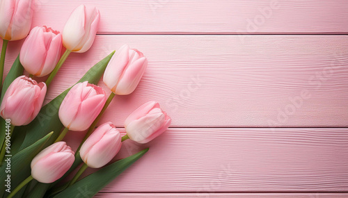 Pink tulips on a board. Copy space. Place for text, invitation © Iwona