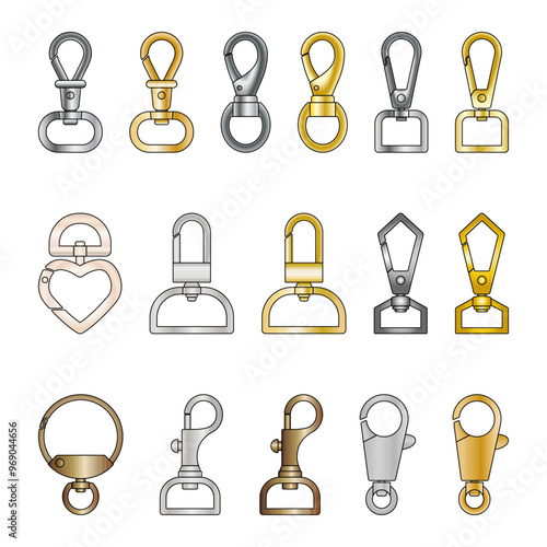 A collection of metal accessories for decorating and tailoring clothes, shoes, bags. 
Metal buckle vector flat sketch set.
Different types of metal materials, trims, clasps, buckles. 