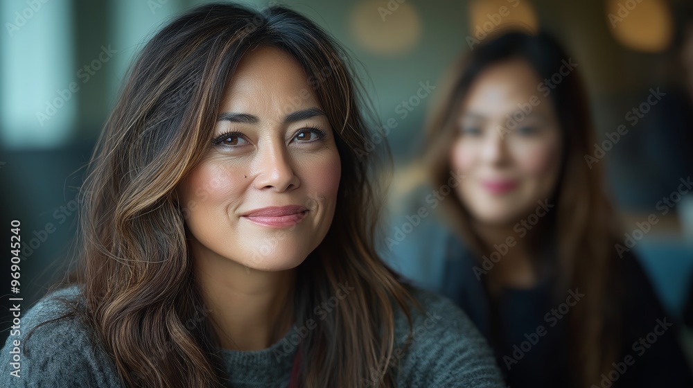 Two women are sitting at a table, one of them smiling. The other woman is looking at her with a serious expression. Scene is one of friendship and connection Two women are sitting at a table, one of them smiling. The other woman is looking at her with a serious expression. Scene is one of friendship and connection