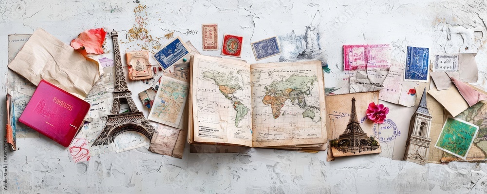 A travel collage featuring famous landmarks, maps, and passport stamps A travel collage featuring famous landmarks, maps, and passport stamps