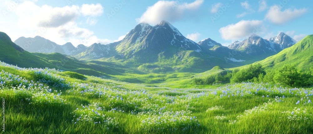 Obraz premium Mountainous Meadow with Blue Flowers and Snow-Capped Peaks