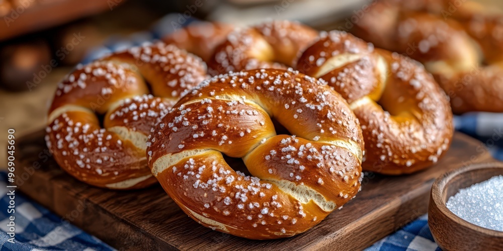 Freshly Baked Pretzels with Coarse Salt on Wooden Board Freshly Baked Pretzels with Coarse Salt on Wooden Board