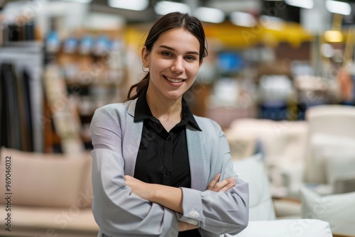 Confident female manager of a furniture store looking at camera smiling with arms crossed Confident female manager of a furniture store looking at camera smiling with arms crossed - Focus on foregroun photo