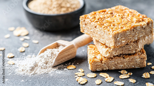 a baked protein bar, with a scoop of whey protein powder and oats in the background photo