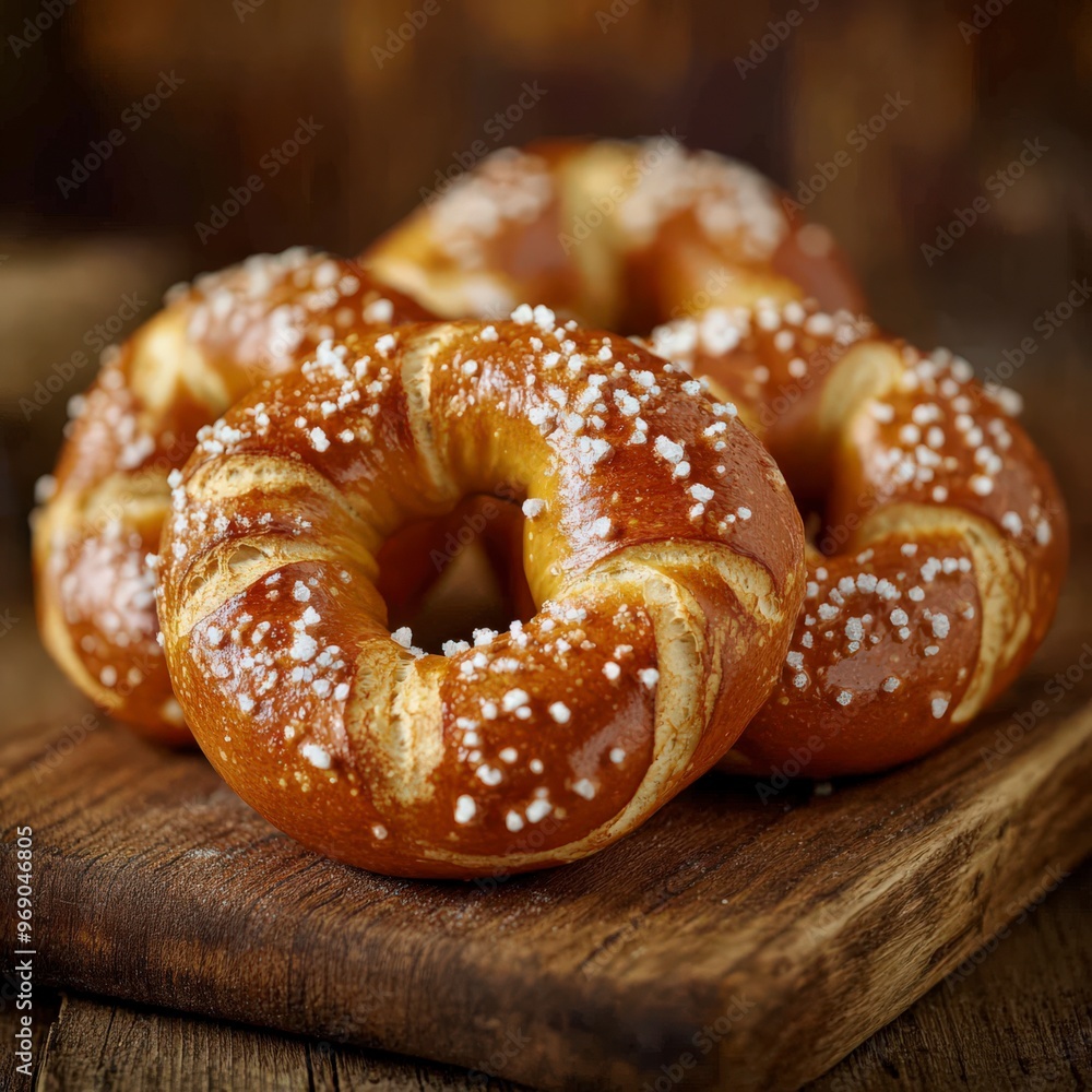 Freshly Baked Pretzels with Coarse Salt on Wooden Board Freshly Baked Pretzels with Coarse Salt on Wooden Board