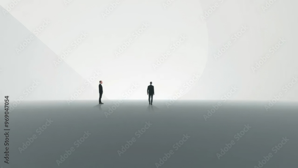 Two men standing in an abstract minimalistic space with large light source. Digital art. Business or decision-making concept Two men standing in an abstract minimalistic space with large light source. Digital art. Business or decision-making concept