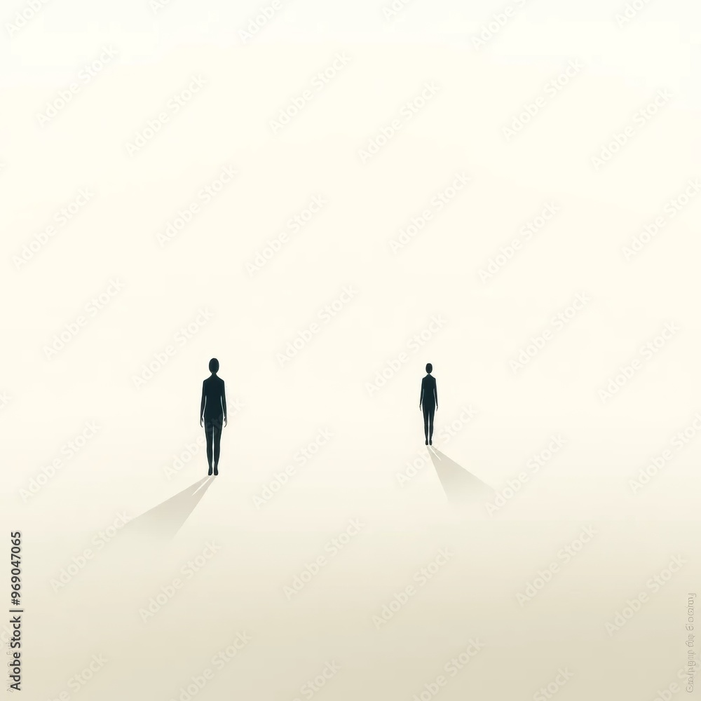Two figures walking in a minimalist foggy environment with long shadows. Conceptual art illustration. Solitude and distance theme Two figures walking in a minimalist foggy environment with long shadows. Conceptual art illustration. Solitude and distance theme