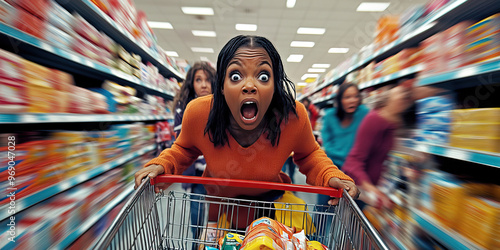 Panic in the Supermarket Aisle: Shoppers frantically grab essentials while avoiding whatever horror lies in wait amongst the familiar store shelves. photo