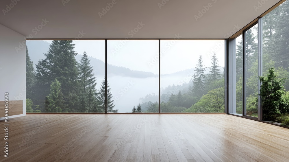 Obraz premium Concept of a minimalist Scandinavian interior featuring a spacious room with wooden flooring large walls and a white landscape view through the window 3D rendering of Nordic design