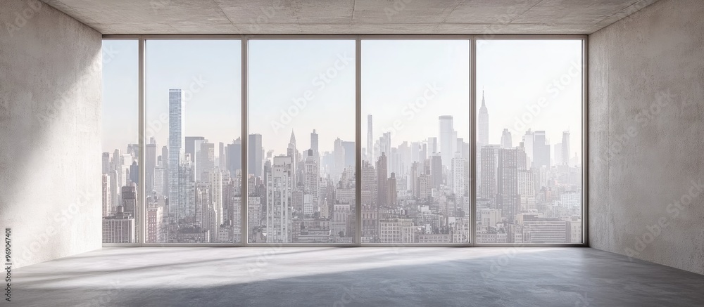 City skyline view from a high rise window showcasing luxurious real estate Interior of an empty room with a mockup wall and a backdrop of skyscrapers 3D rendering City skyline view from a high rise window showcasing luxurious real estate Interior of an empty room with a mockup wall and a backdrop of skyscrapers 3D rendering