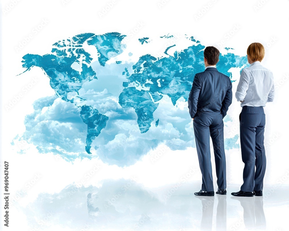 Two business professionals observing a creative world map, symbolizing networking, collaboration, and global opportunities. Two business professionals observing a creative world map, symbolizing networking, collaboration, and global opportunities.