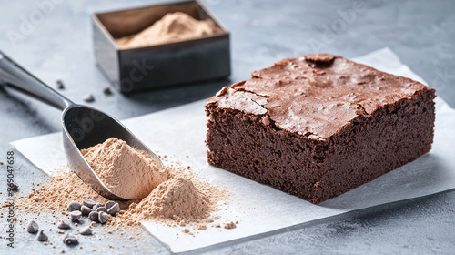 a rich chocolate whey protein brownie, the texture highlighted by expert lighting, with a scoop of protein powder nearby photo