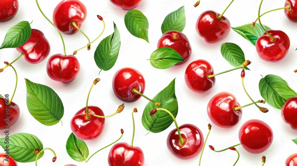 Seamless pattern of glossy red ripe cherries on a white background. Vibrant and fresh fruit design with a realistic texture.