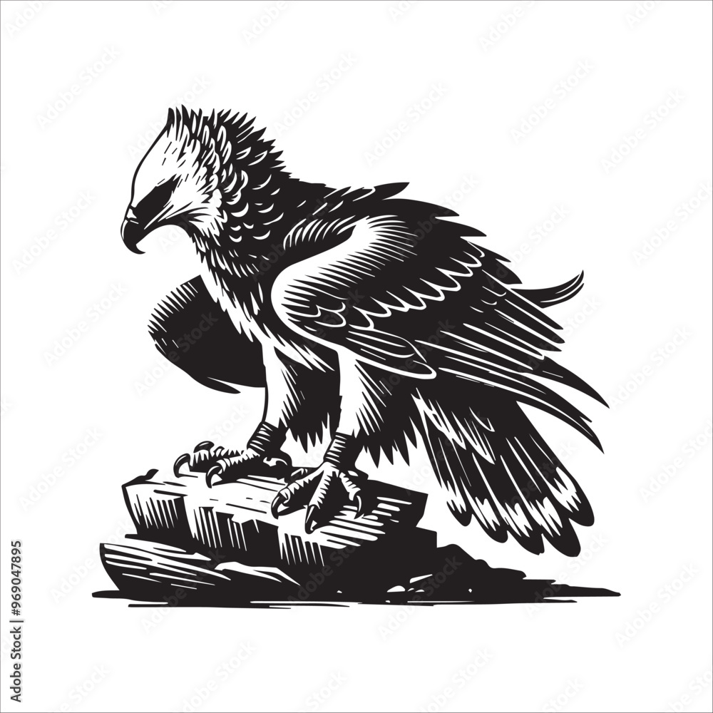 Naklejka premium Harpy Eagle Silhouette Design, Eagle Clipart Graphic, Eagle Bird vector illustration in black and white