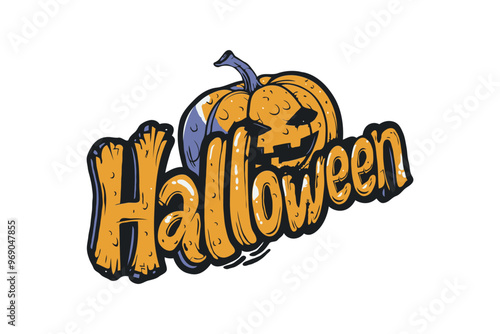 Illustration of a Halloween pumpkin with a carved face on a white background. The word Halloween is written below. Holiday concept