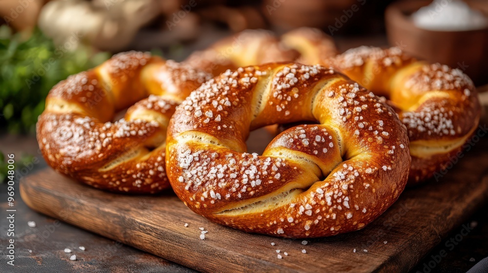 Freshly Baked Pretzels with Coarse Salt on Wooden Board Freshly Baked Pretzels with Coarse Salt on Wooden Board