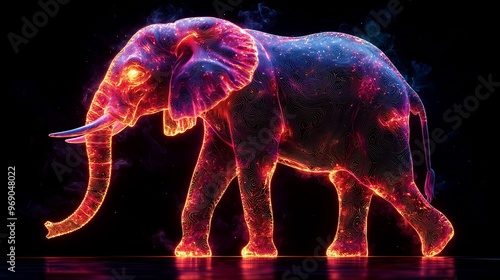 Semiabstract elephant with its trunk forming vibrant neon patterns symbolizing strength memory and wisdom