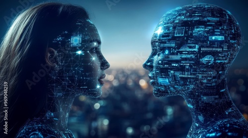 Futuristic AI-powered translation devices facilitating instant communication between languages: Two people from different countries speaking, with an AI translating in real-time.