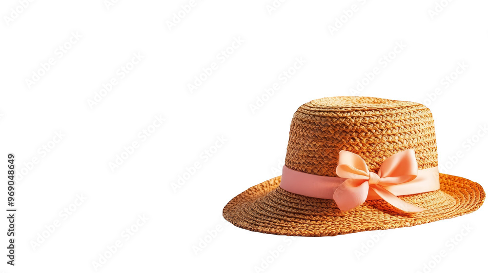 Straw Hat with Pink Bow on Checkered Background Straw Hat with Pink Bow on Checkered Background