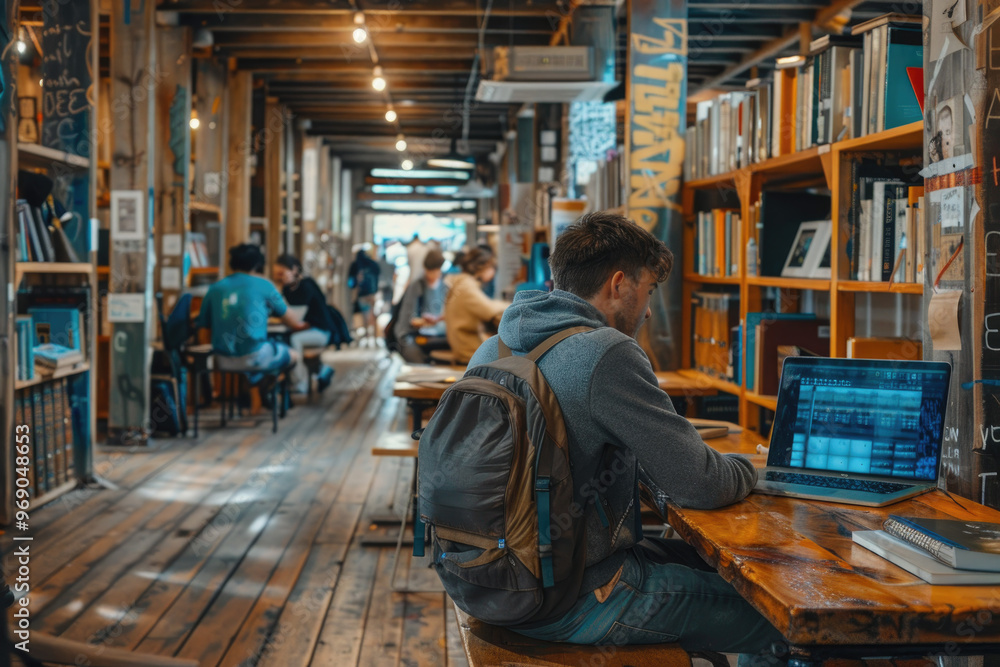 Students Studying in a Cozy Library with Laptop and Books Students Studying in a Cozy Library with Laptop and Books