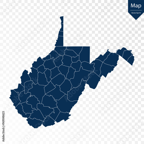 Transparent - High Detailed Blue Map of West Virginia. Vector eps10.	
