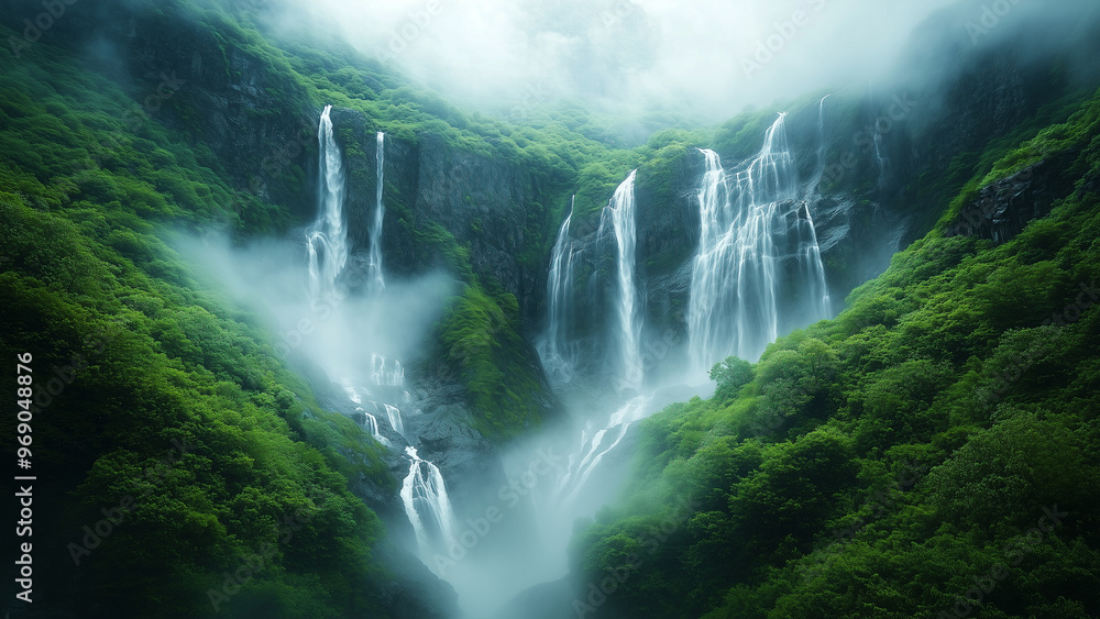 Serene valley with waterfalls and verdant surroundings Serene valley with waterfalls and verdant surroundings