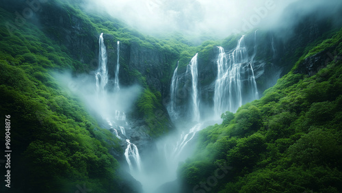 Serene valley with waterfalls and verdant surroundings