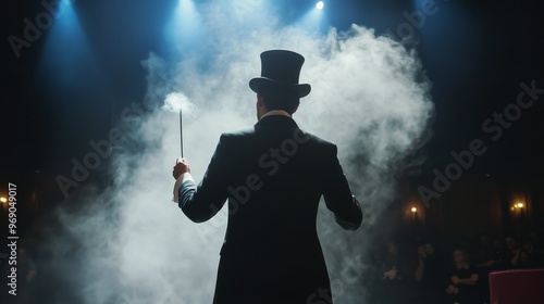 A magician in a top hat performs enchanting illusions for an audience in a dimly lit theater filled with smoke and excitement