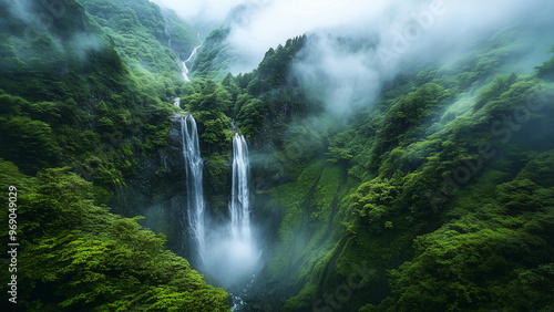 Tranquil valley with waterfalls and verdant surroundings