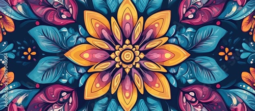 Vibrant Floral Design Illustration Tribal Ethnic Pattern Featuring Mandala Relaxing Anti Stress Motif with Diverse Cultural Inspirations