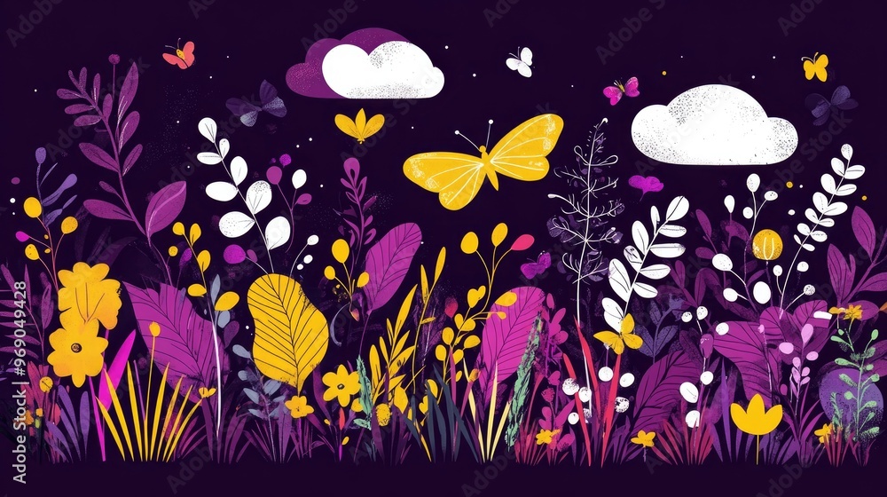 Floral arrangement in a contemporary flat design style featuring a purple backdrop Showcasing vibrant leaves plants grass butterflies and clouds in yellow white and black outlines Floral arrangement in a contemporary flat design style featuring a purple backdrop Showcasing vibrant leaves plants grass butterflies and clouds in yellow white and black outlines