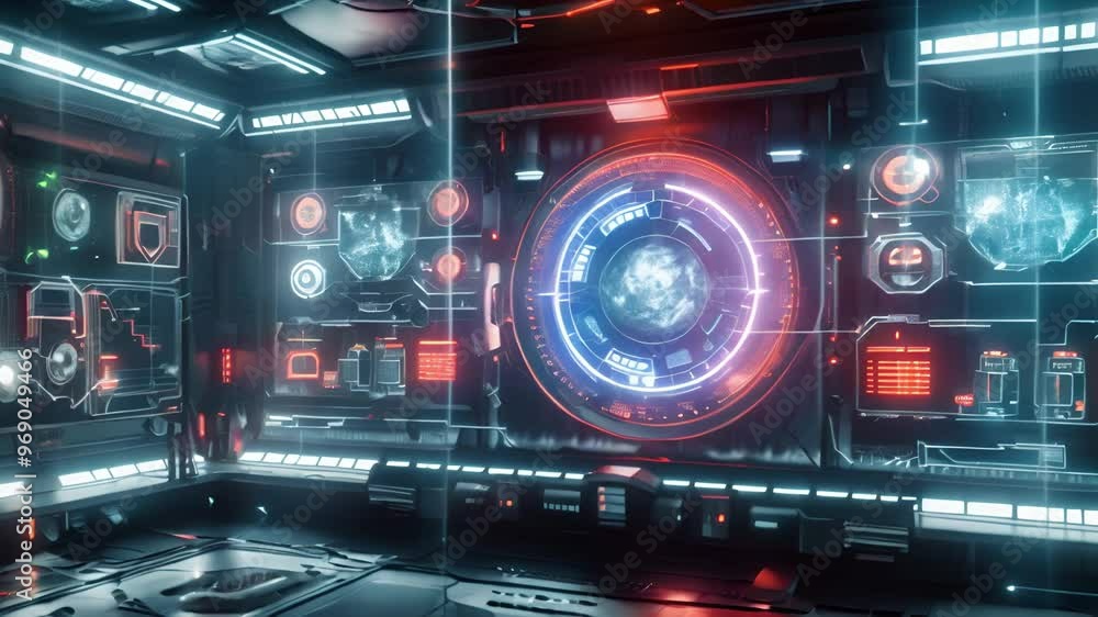 Futuristic Control Room with Holographic Display Futuristic Control Room with Holographic Display