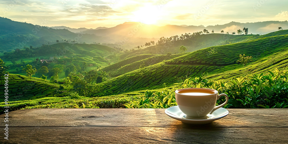 A mug of hot tea in front of a plantation A mug of hot tea in front of a plantation